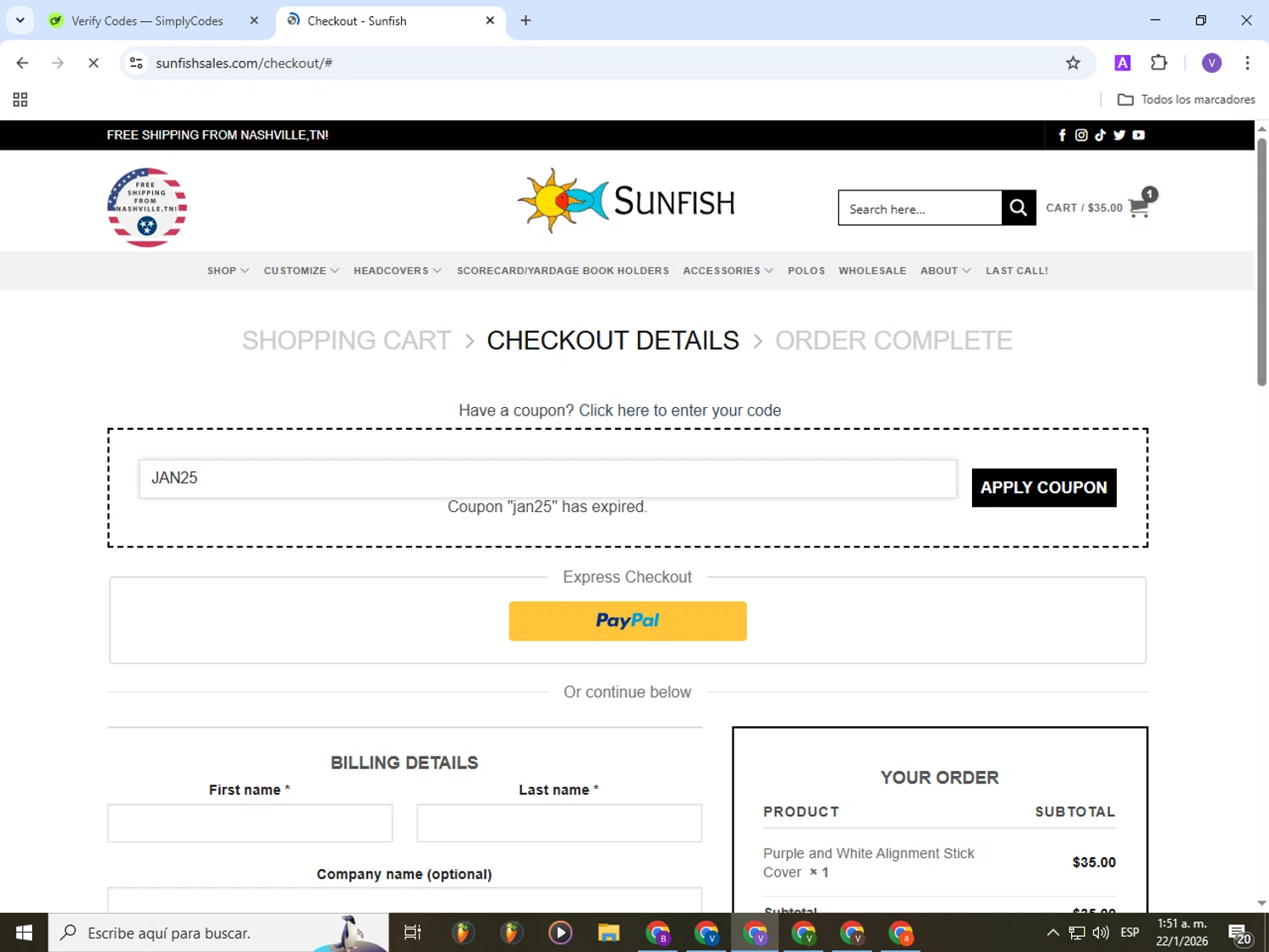Sunfish coupon code screenshot showing code JAN25 applied at Sunfish checkout page. Uploaded by SimplyCodes community member Gianpiero on Jan 22, 2026
