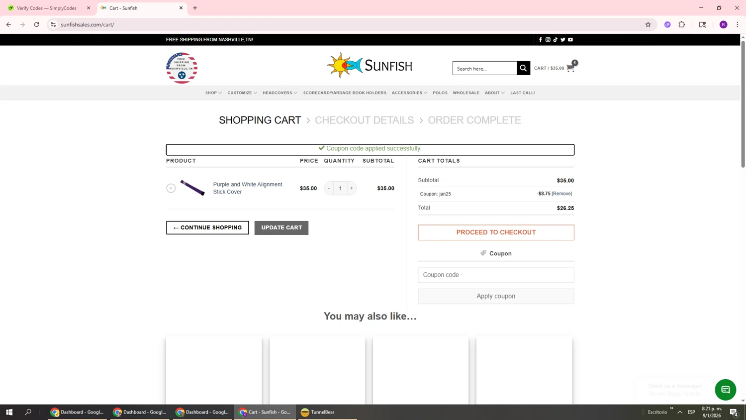 Sunfish checkout page showing Sunfish coupon code box | Screenshot taken by SimplyCodes community member on Jan 10, 2026