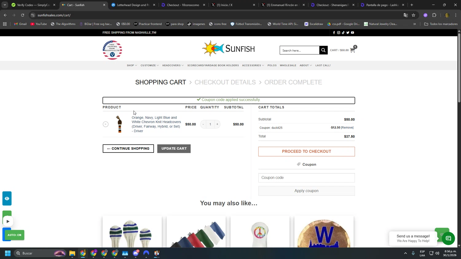 Sunfish checkout page showing Sunfish coupon code box | Screenshot taken by SimplyCodes community member on Jan 31, 2026