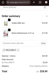 WELCOME15 coupon verification screenshot