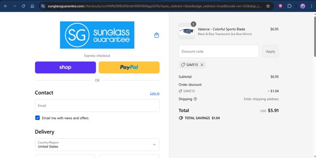 Sunglass Guarantee checkout page showing Sunglass Guarantee discount code box | Screenshot taken by SimplyCodes community member on Sep 2, 2025