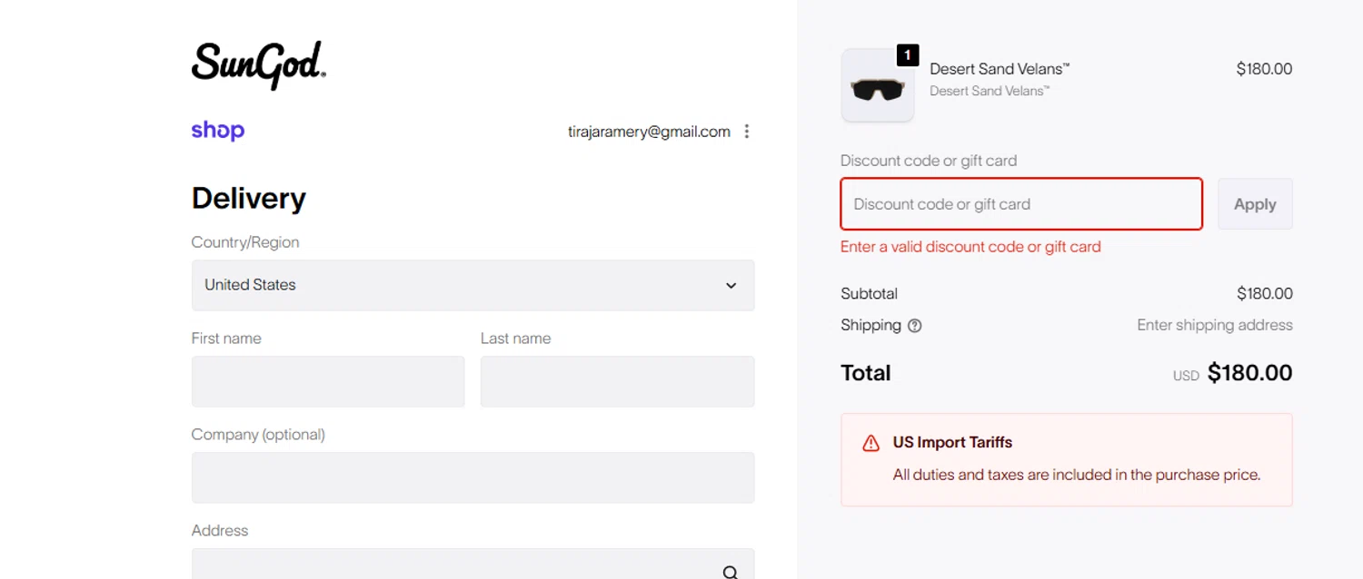 SunGod discount code screenshot showing code STILLSTOKED20 applied at SunGod checkout page. Uploaded by SimplyCodes community member CoinHunter3841 on Jan 3, 2026