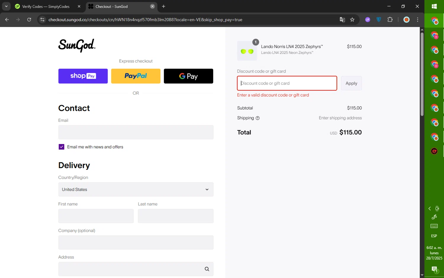 SunGod discount code screenshot showing code STILLSTOKED20 applied at SunGod checkout page. Uploaded by SimplyCodes community member SalePhoenix823 on Jul 28, 2025