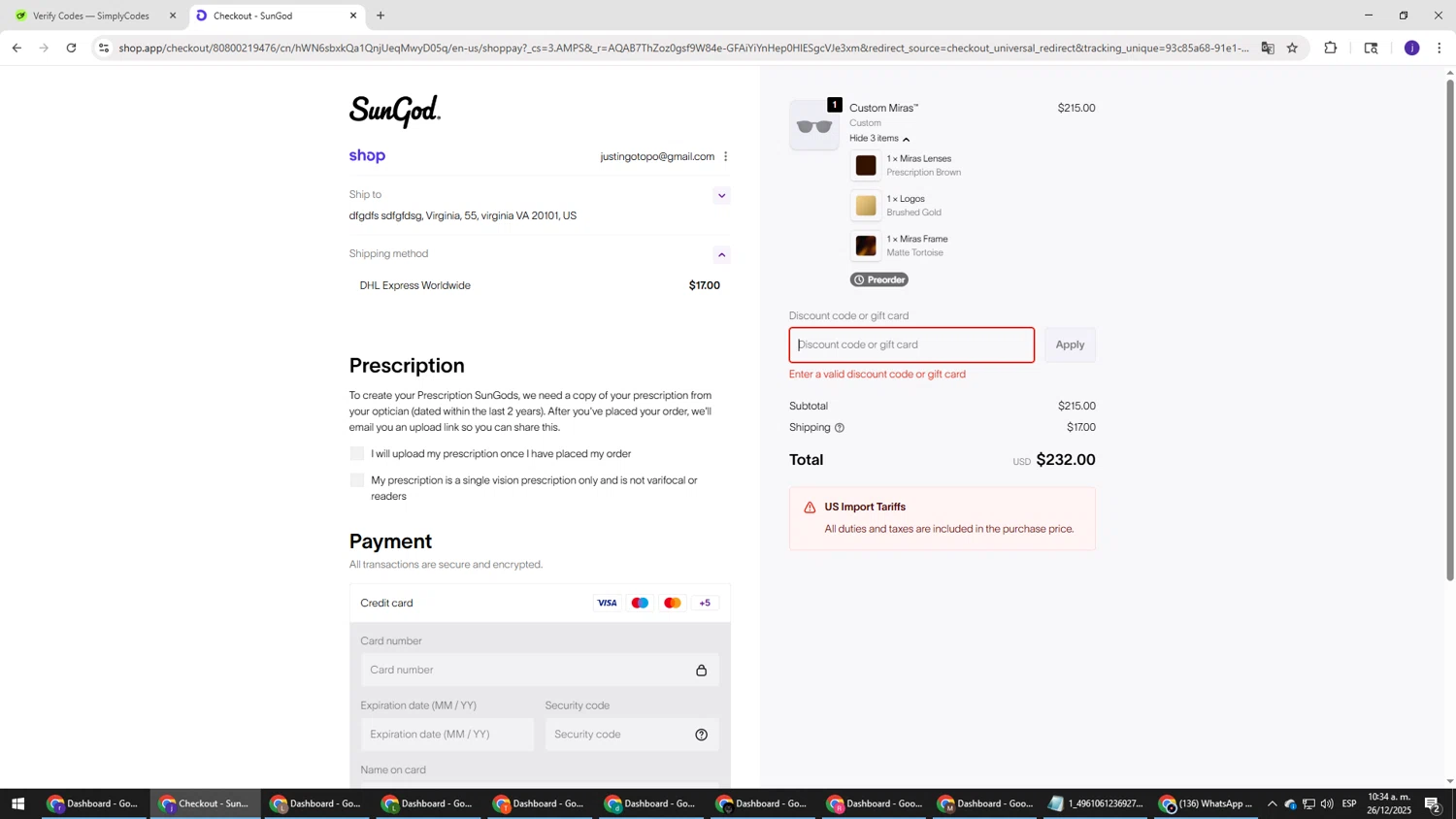 SunGod discount code screenshot showing code STILLSTOKED20 applied at SunGod checkout page. Uploaded by SimplyCodes community member simplycodesssss on Dec 26, 2025