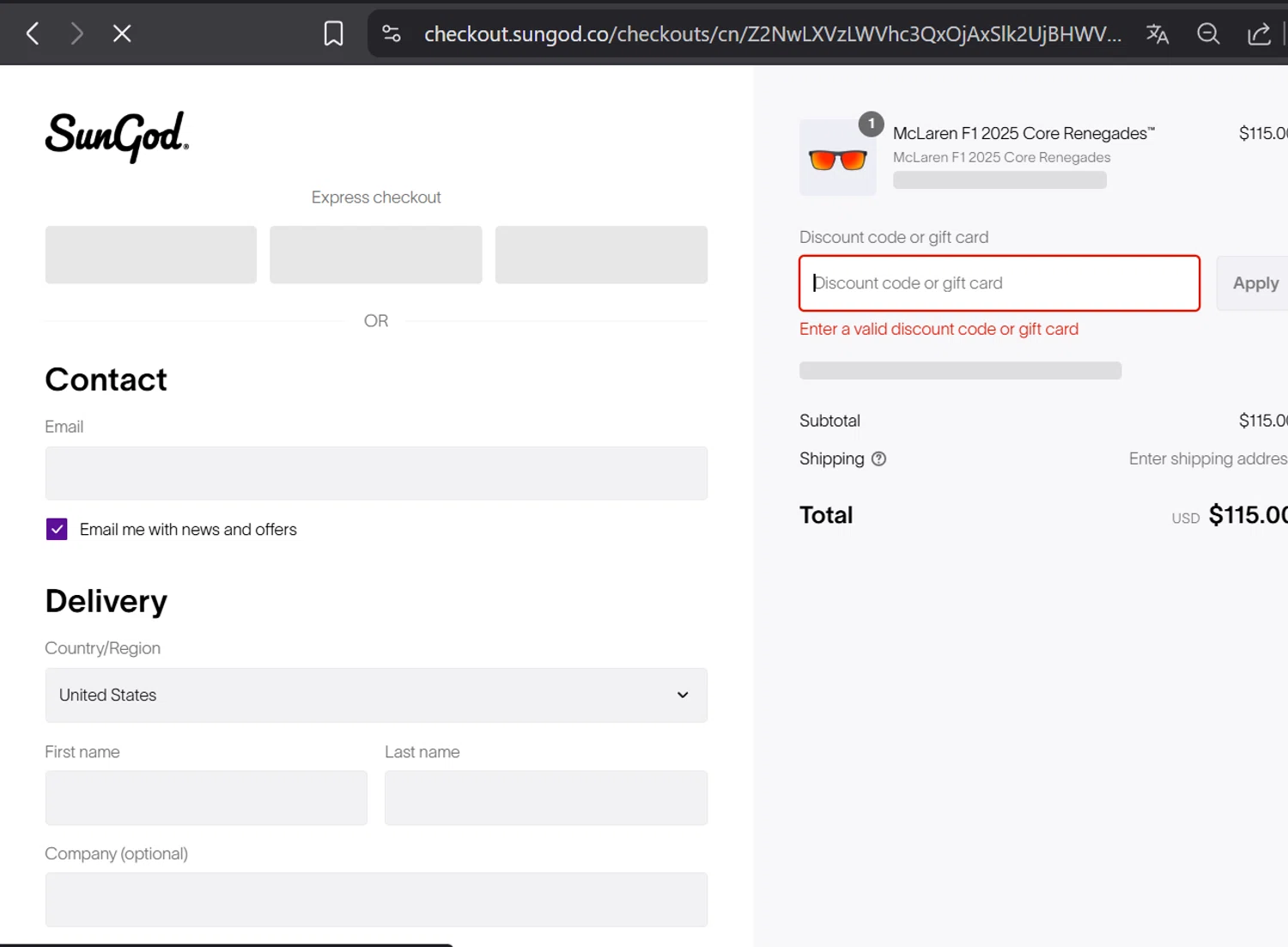 SunGod discount code screenshot showing code MCLAREN10 applied at SunGod checkout page. Uploaded by SimplyCodes community member CashElite5536 on Jun 20, 2025