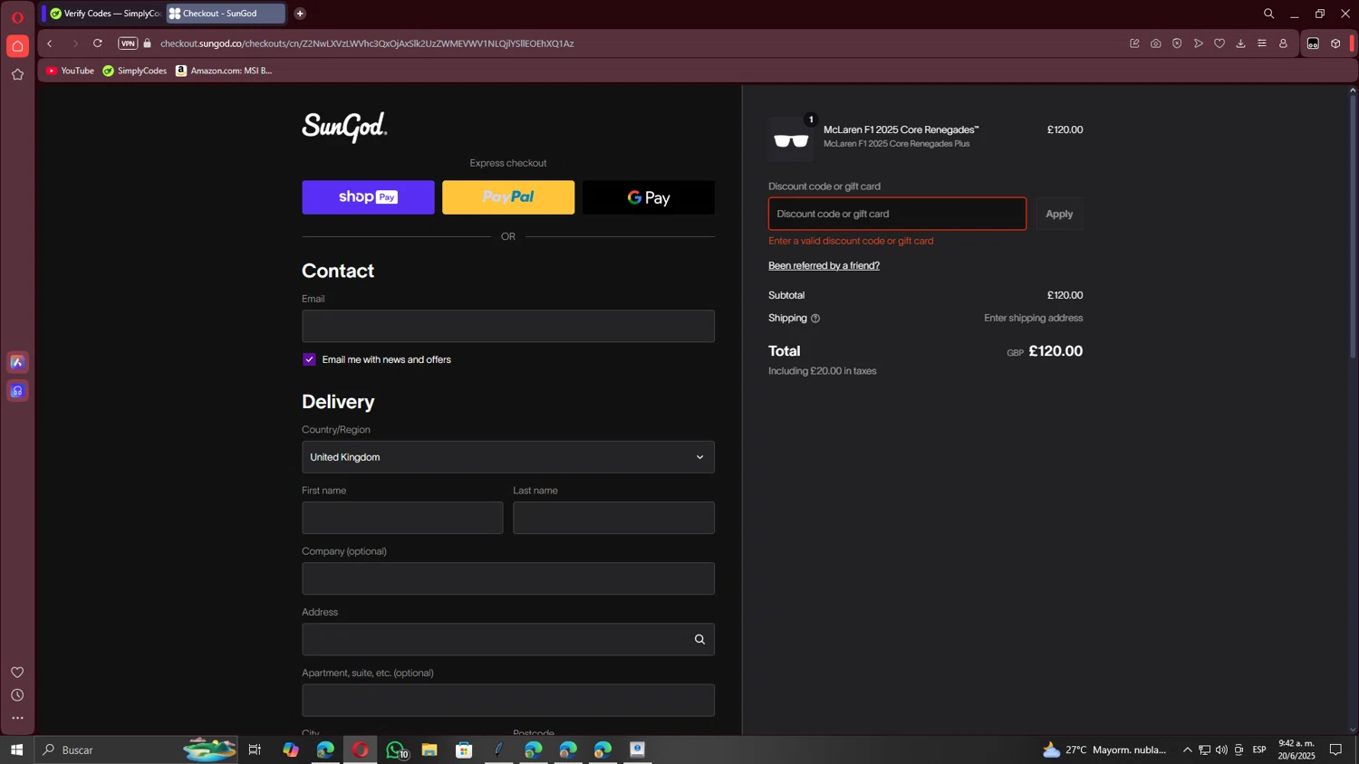 SunGod discount code screenshot showing code MCLAREN10 applied at SunGod checkout page. Uploaded by SimplyCodes community member TheRodan on Jun 20, 2025