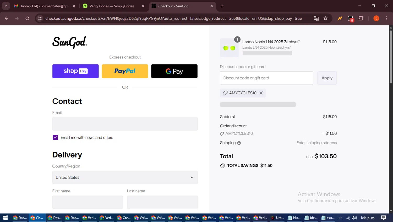 SunGod discount code screenshot showing code AMYCYCLES10 applied at SunGod checkout page. Uploaded by SimplyCodes community member NobleAce2304 on Jul 17, 2025