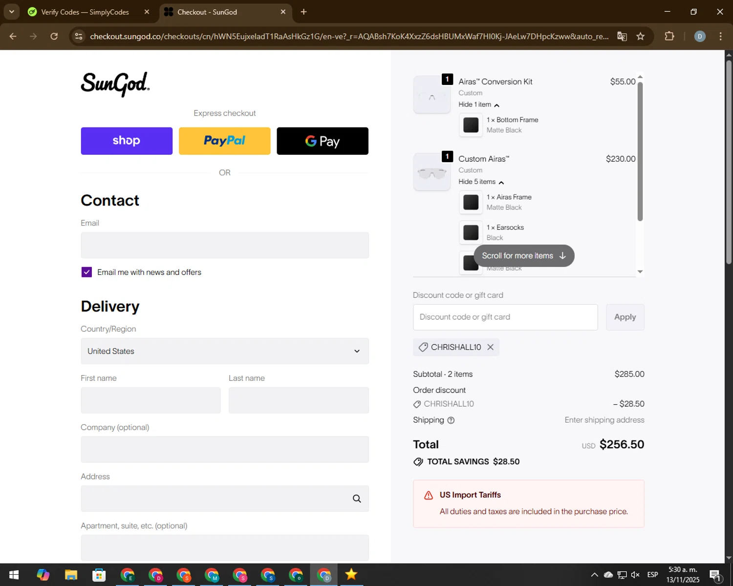 SunGod discount code screenshot showing code CHRISHALL10 applied at SunGod checkout page. Uploaded by SimplyCodes community member CodeVoyager5621 on Nov 13, 2025