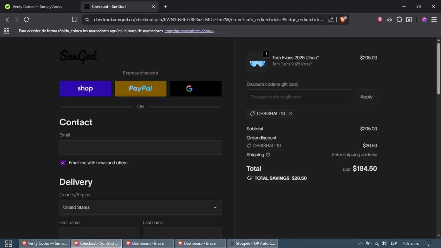 SunGod discount code screenshot showing code CHRISHALL10 applied at SunGod checkout page. Uploaded by SimplyCodes community member DazzLL on Oct 2, 2025
