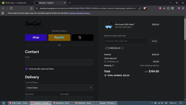 SunGod checkout page showing SunGod discount code box | Screenshot taken by SimplyCodes community member on Oct 2, 2025