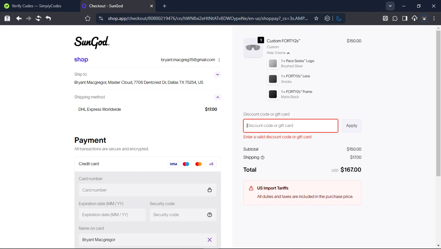 SunGod discount code screenshot showing code CHRISHALL10 applied at SunGod checkout page. Uploaded by SimplyCodes community member LegendaryCollector6259 on Feb 19, 2026