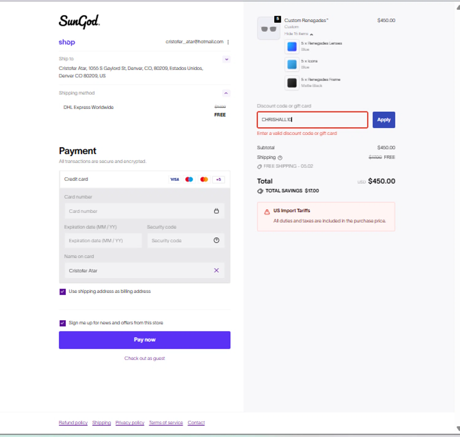 SunGod discount code screenshot showing code CHRISHALL10 applied at SunGod checkout page. Uploaded by SimplyCodes community member MarielisPb on Feb 6, 2026