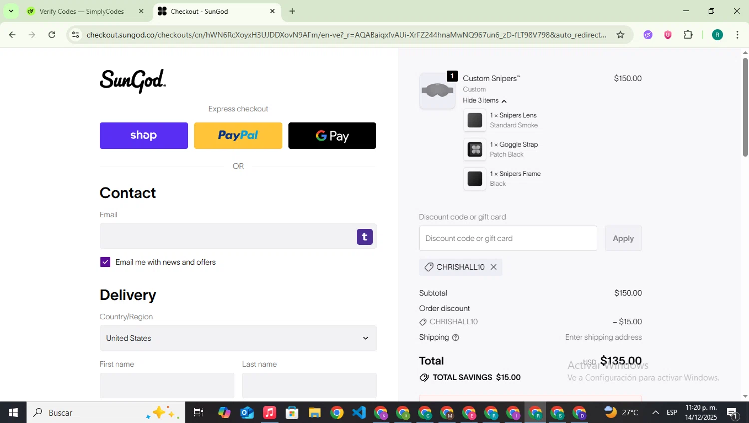 SunGod discount code screenshot showing code CHRISHALL10 applied at SunGod checkout page. Uploaded by SimplyCodes community member SavingsLegend387 on Dec 15, 2025