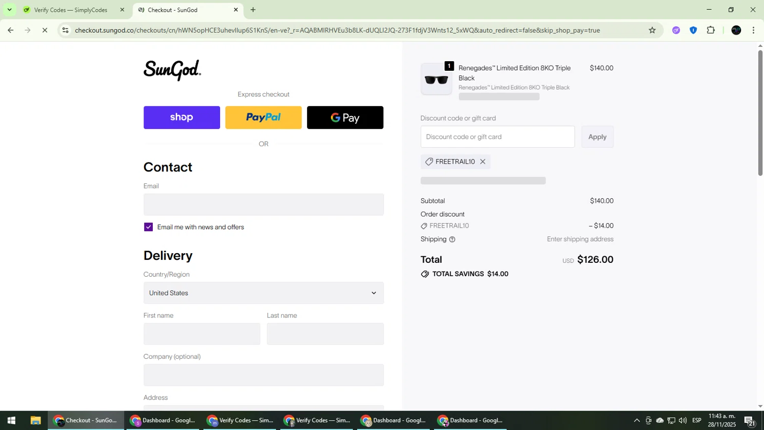 SunGod discount code screenshot showing code FREETRAIL10 applied at SunGod checkout page. Uploaded by SimplyCodes community member CarmenVGR on Nov 28, 2025