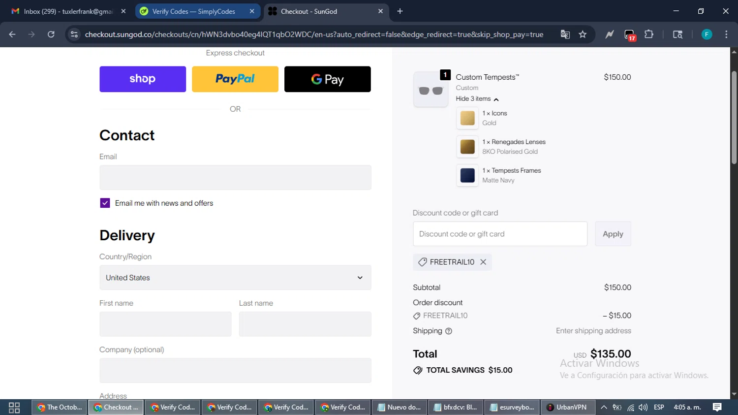 SunGod discount code screenshot showing code FREETRAIL10 applied at SunGod checkout page. Uploaded by SimplyCodes community member ShrewdTitan3233 on Oct 2, 2025