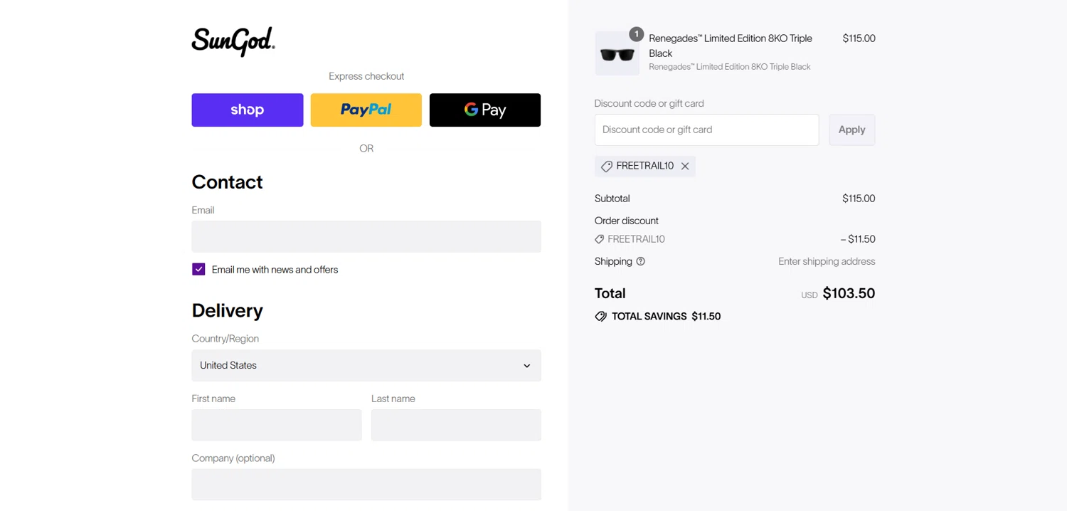 SunGod discount code screenshot showing code FREETRAIL10 applied at SunGod checkout page. Uploaded by SimplyCodes community member Dorothy on Sep 5, 2025