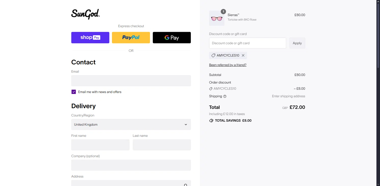 SunGod discount code screenshot showing code AMYCYCLES10 applied at SunGod checkout page. Uploaded by SimplyCodes community member Serdanvz on Jul 17, 2025