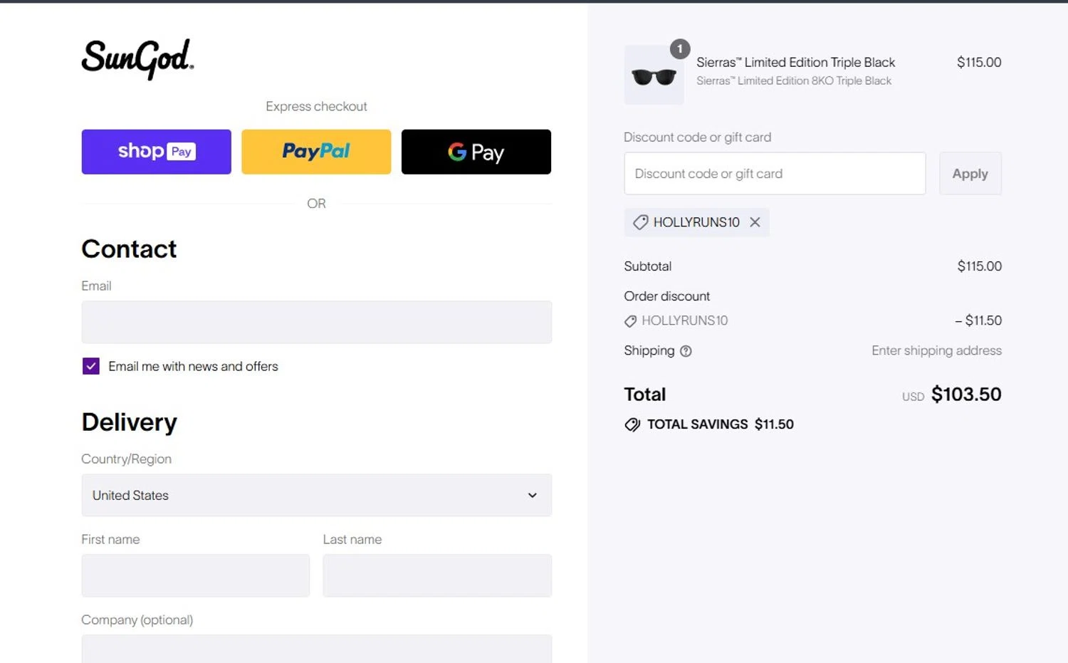 SunGod discount code screenshot showing code HOLLYRUNS10 applied at SunGod checkout page. Uploaded by SimplyCodes community member angelfigueroa2008 on Aug 22, 2025