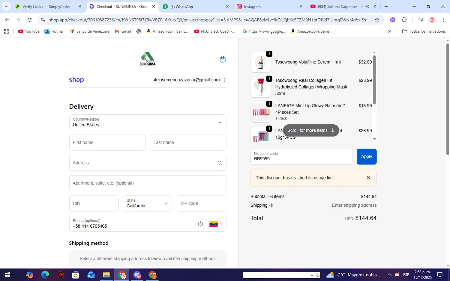 SUNGSINSA discount code screenshot showing code BB9999 applied at SUNGSINSA checkout page. Uploaded by SimplyCodes community member WiseScholar9036 on Dec 15, 2025