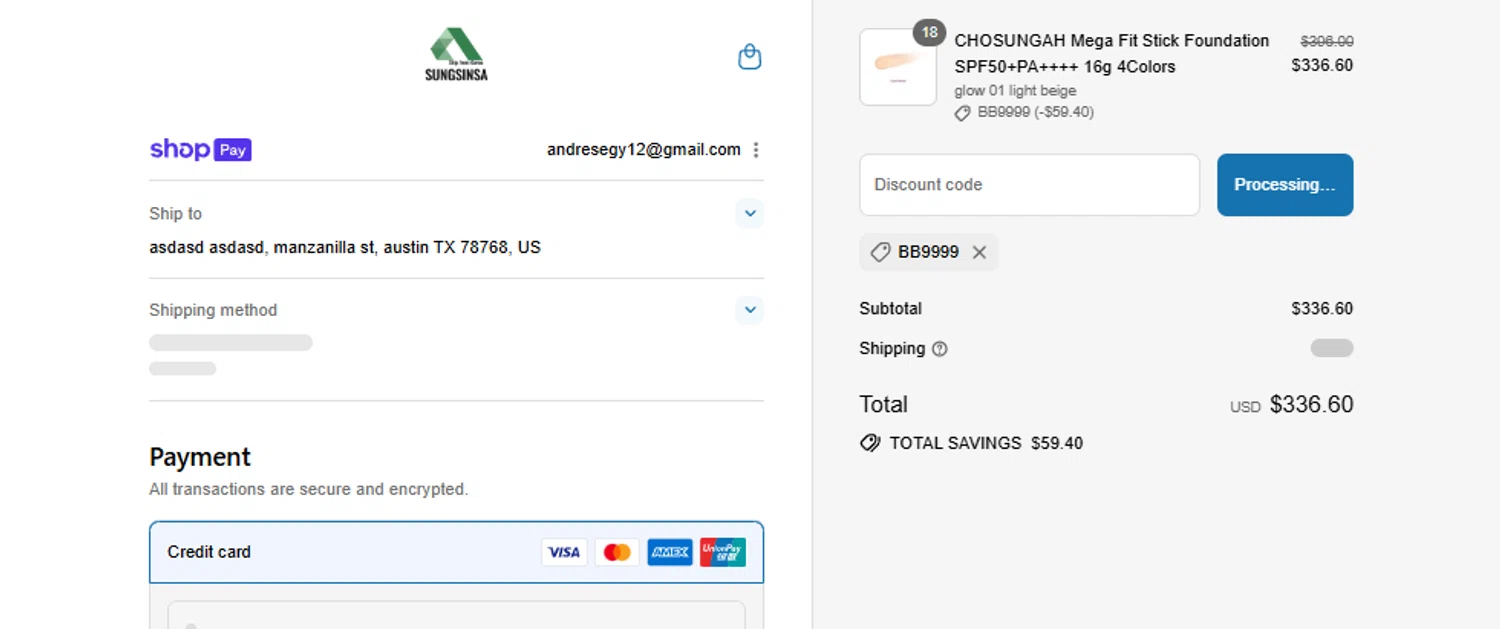 SUNGSINSA discount code screenshot showing code BB9999 applied at SUNGSINSA checkout page. Uploaded by SimplyCodes community member Woskal on Jul 27, 2025