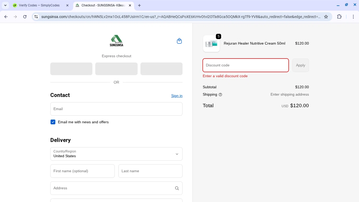 SUNGSINSA discount code screenshot showing code WWJDH4KJPAA9 applied at SUNGSINSA checkout page. Uploaded by SimplyCodes community member SwiftSage2309 on Nov 16, 2025