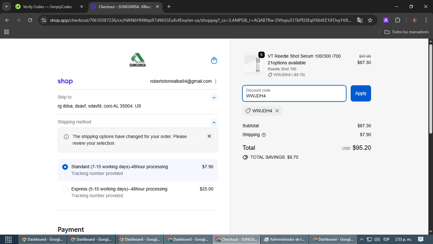 SUNGSINSA discount code screenshot showing code WWJDH4 applied at SUNGSINSA checkout page. Uploaded by SimplyCodes community member WonderPilot3689 on Dec 10, 2025