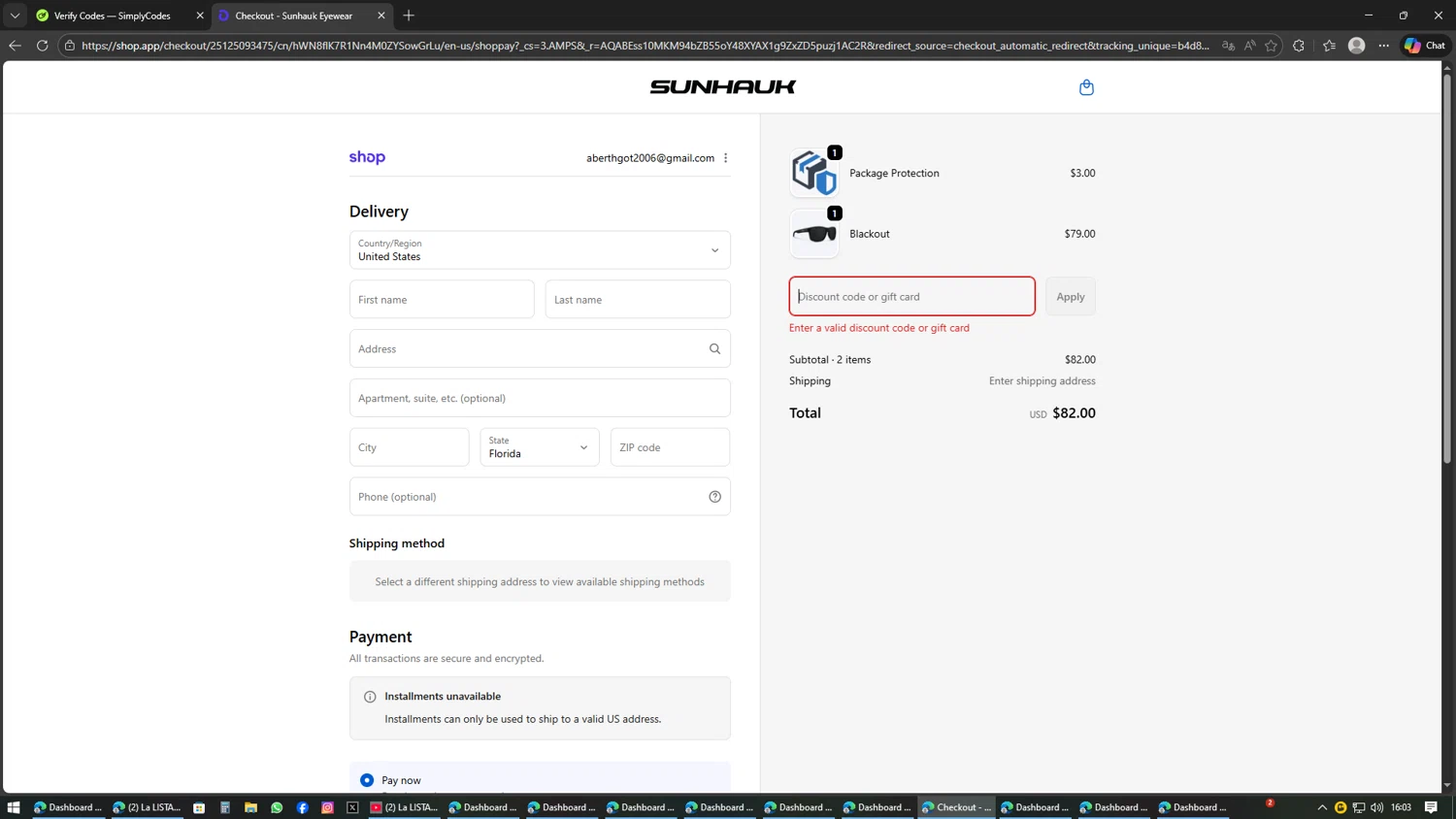 Sunhauk Eyewear promo code screenshot showing code X863QFD2 applied at Sunhauk Eyewear checkout page. Uploaded by SimplyCodes community member SwiftSage2309 on Feb 11, 2026