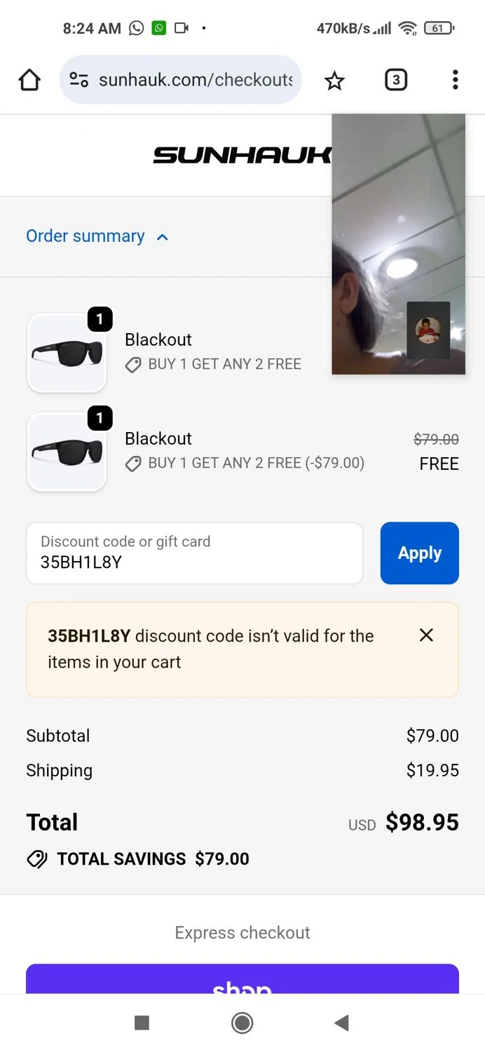 Sunhauk Eyewear promo code screenshot showing code 35BH1L8Y applied at Sunhauk Eyewear checkout page. Uploaded by SimplyCodes community member Piolin on Nov 20, 2025