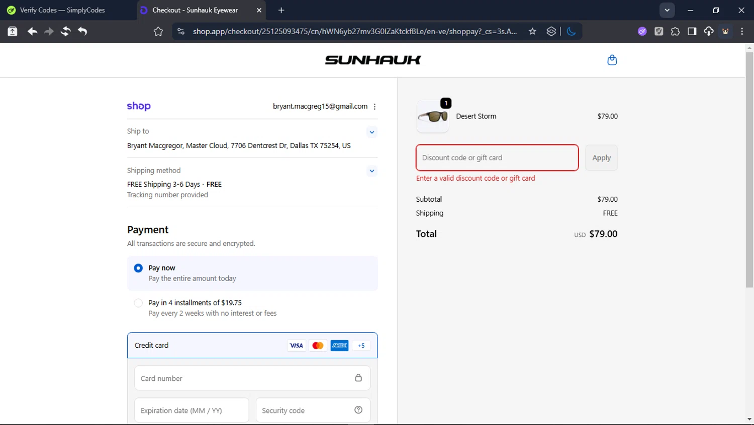 Sunhauk Eyewear promo code screenshot showing code CODE10 applied at Sunhauk Eyewear checkout page. Uploaded by SimplyCodes community member LegendaryCollector6259 on Dec 29, 2025
