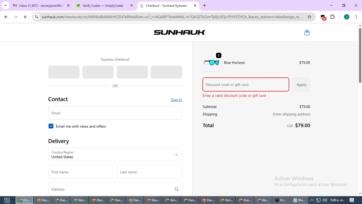 Sunhauk Eyewear promo code screenshot showing code CODE10 applied at Sunhauk Eyewear checkout page. Uploaded by SimplyCodes community member SavvyCurator1770 on Dec 29, 2025