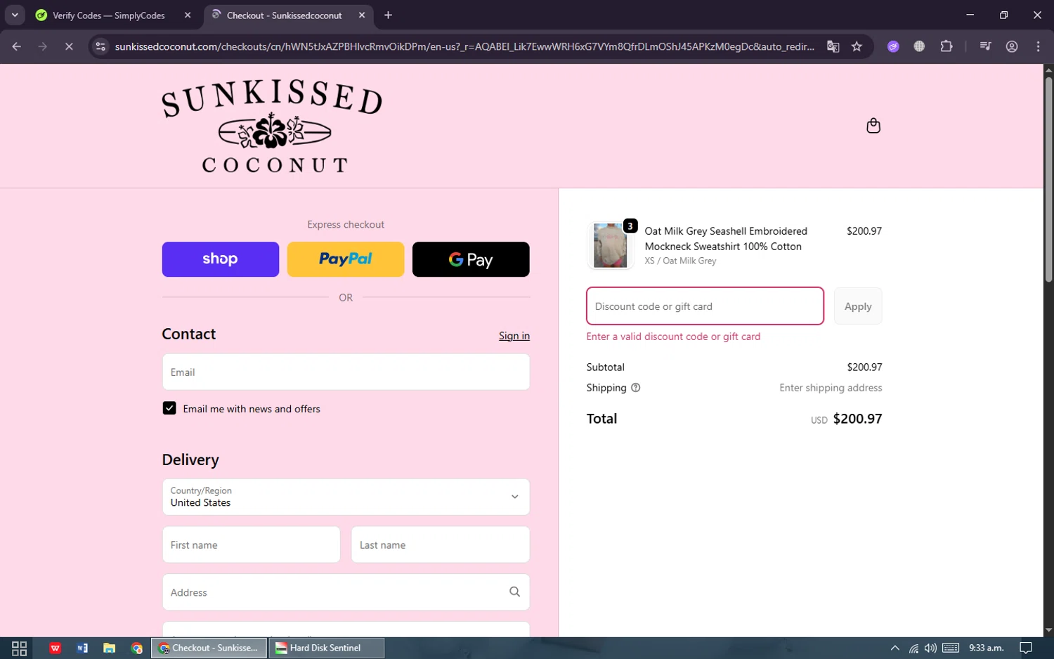 Sunkissed Coconut discount code screenshot showing code VIP20 applied at Sunkissed Coconut checkout page. Uploaded by SimplyCodes community member ThriftyScout4426 on Nov 30, 2025