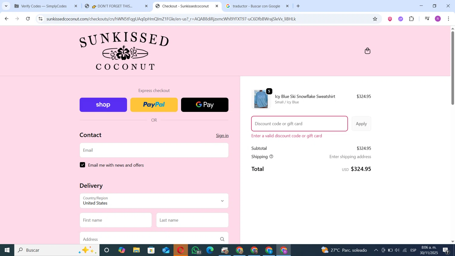 Sunkissed Coconut discount code screenshot showing code VIP20 applied at Sunkissed Coconut checkout page. Uploaded by SimplyCodes community member zapatoss on Nov 30, 2025