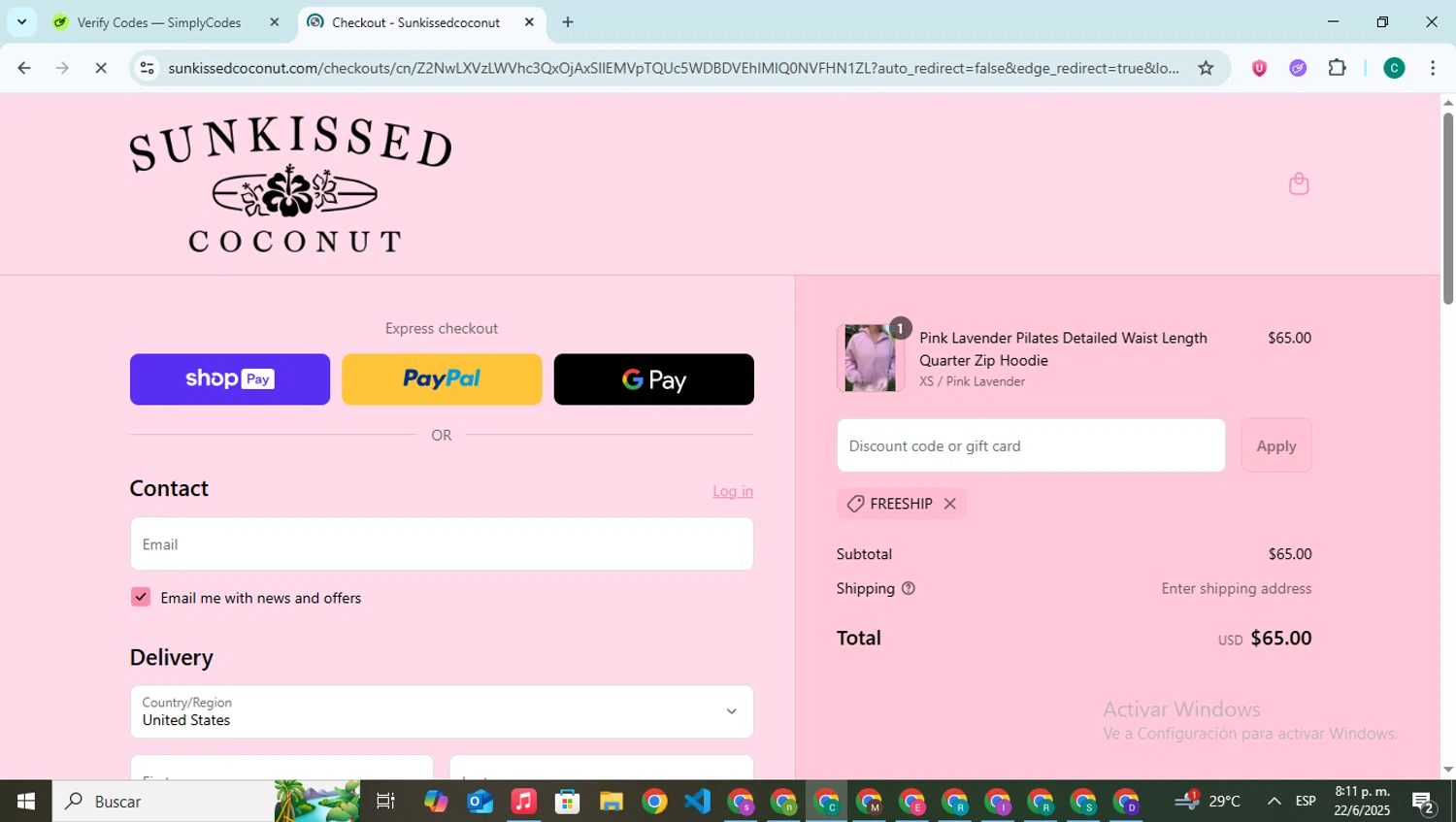 Sunkissed Coconut discount code screenshot showing code FREESHIP applied at Sunkissed Coconut checkout page. Uploaded by SimplyCodes community member BonusPilot927 on Jun 23, 2025