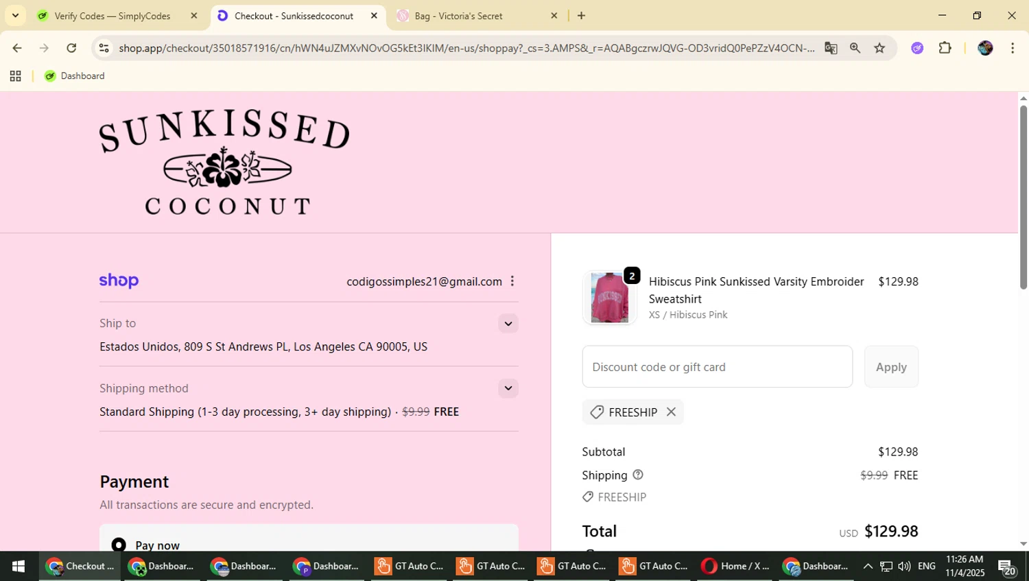 Sunkissed Coconut discount code screenshot showing code FREESHIP applied at Sunkissed Coconut checkout page. Uploaded by SimplyCodes community member Typhlosion on Nov 4, 2025