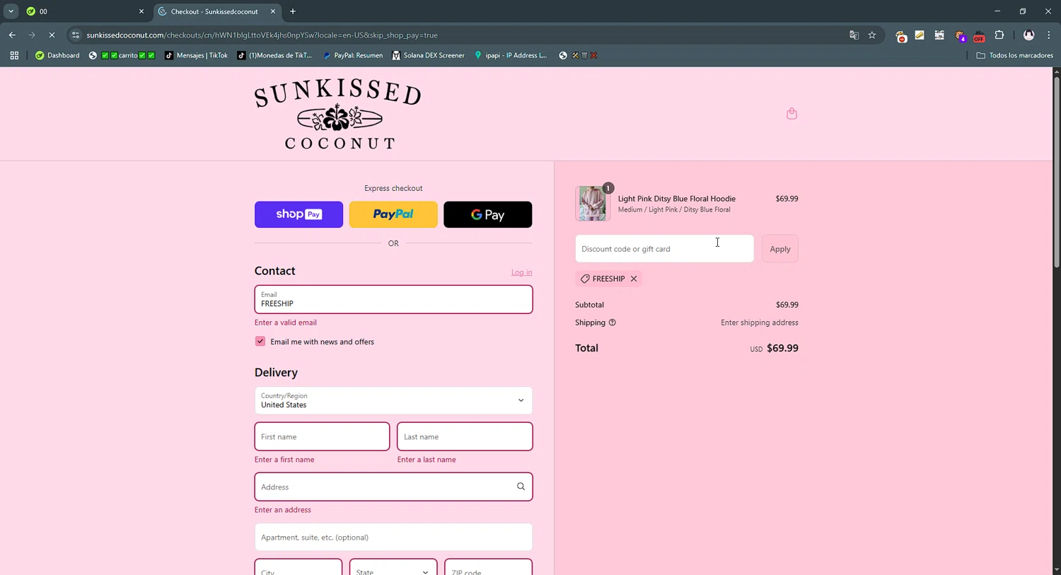 Sunkissed Coconut discount code screenshot showing code FREESHIP applied at Sunkissed Coconut checkout page. Uploaded by SimplyCodes community member gribethr on Aug 9, 2025