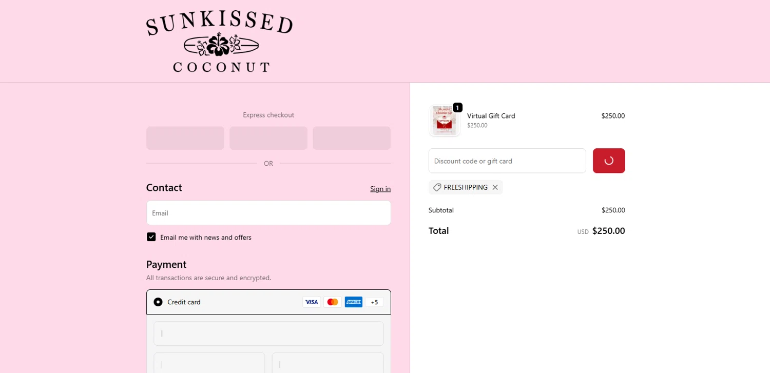 Sunkissed Coconut discount code screenshot showing code FREESHIPPING applied at Sunkissed Coconut checkout page. Uploaded by SimplyCodes community member TOTONEROFL on Dec 24, 2025