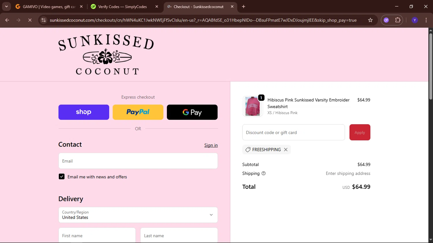 Sunkissed Coconut discount code screenshot showing code FREESHIPPING applied at Sunkissed Coconut checkout page. Uploaded by SimplyCodes community member TokenElite6436 on Nov 4, 2025