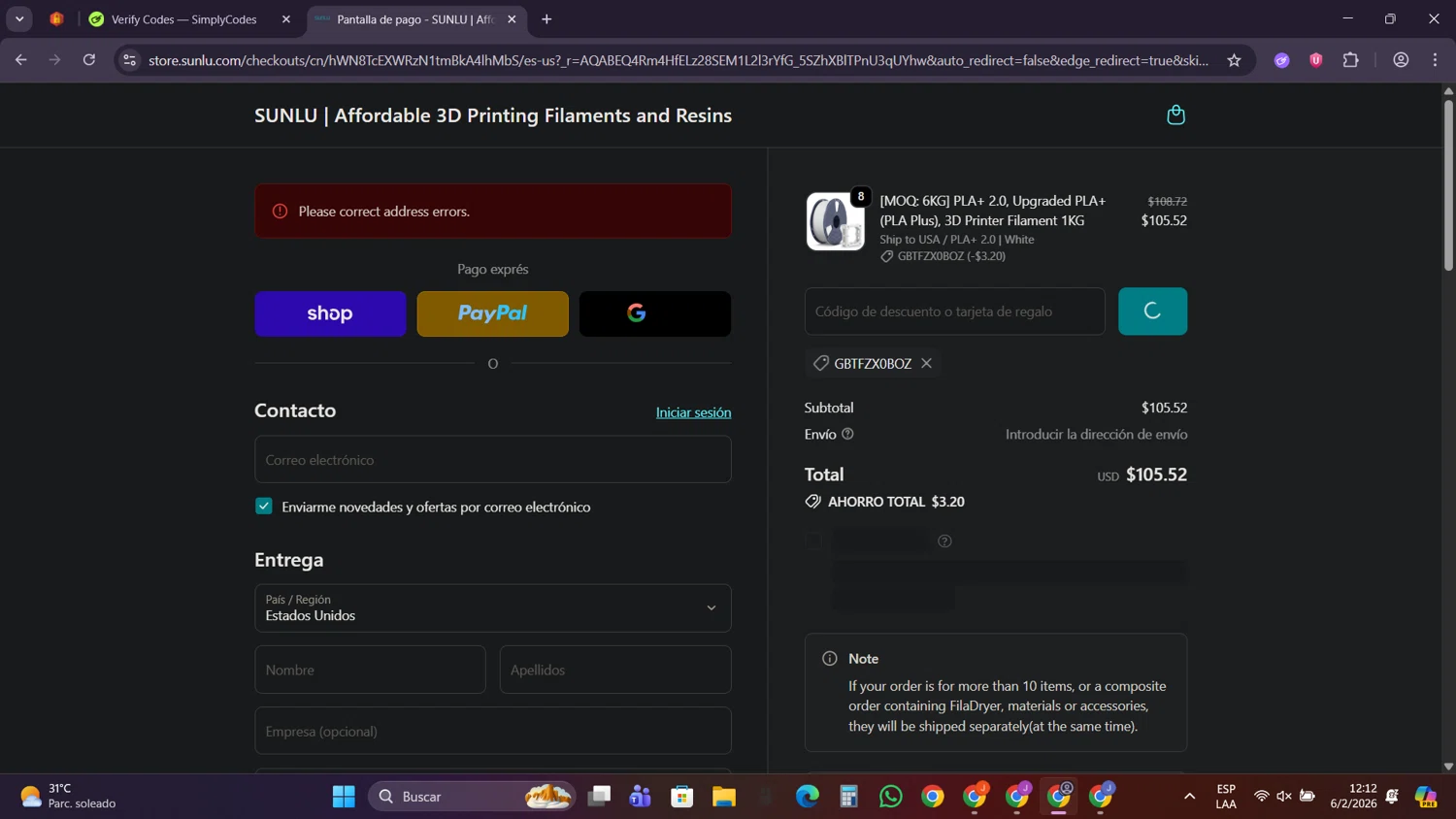 Sunlu checkout page showing Sunlu discount code box | Screenshot taken by SimplyCodes community member on Feb 6, 2026