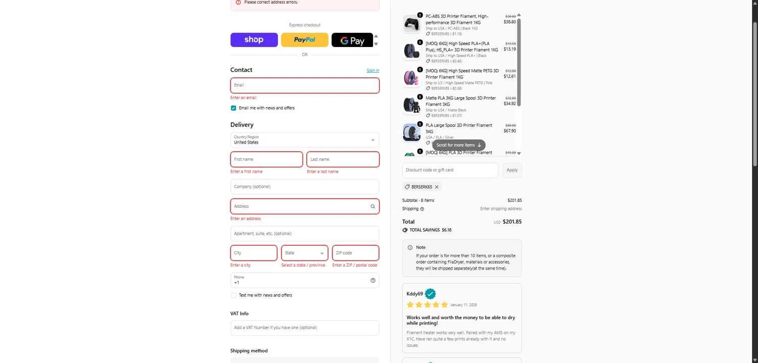 Sunlu discount code screenshot showing code BERSERK65 applied at Sunlu checkout page. Uploaded by SimplyCodes community member QuestKnight7206 on Jan 18, 2026