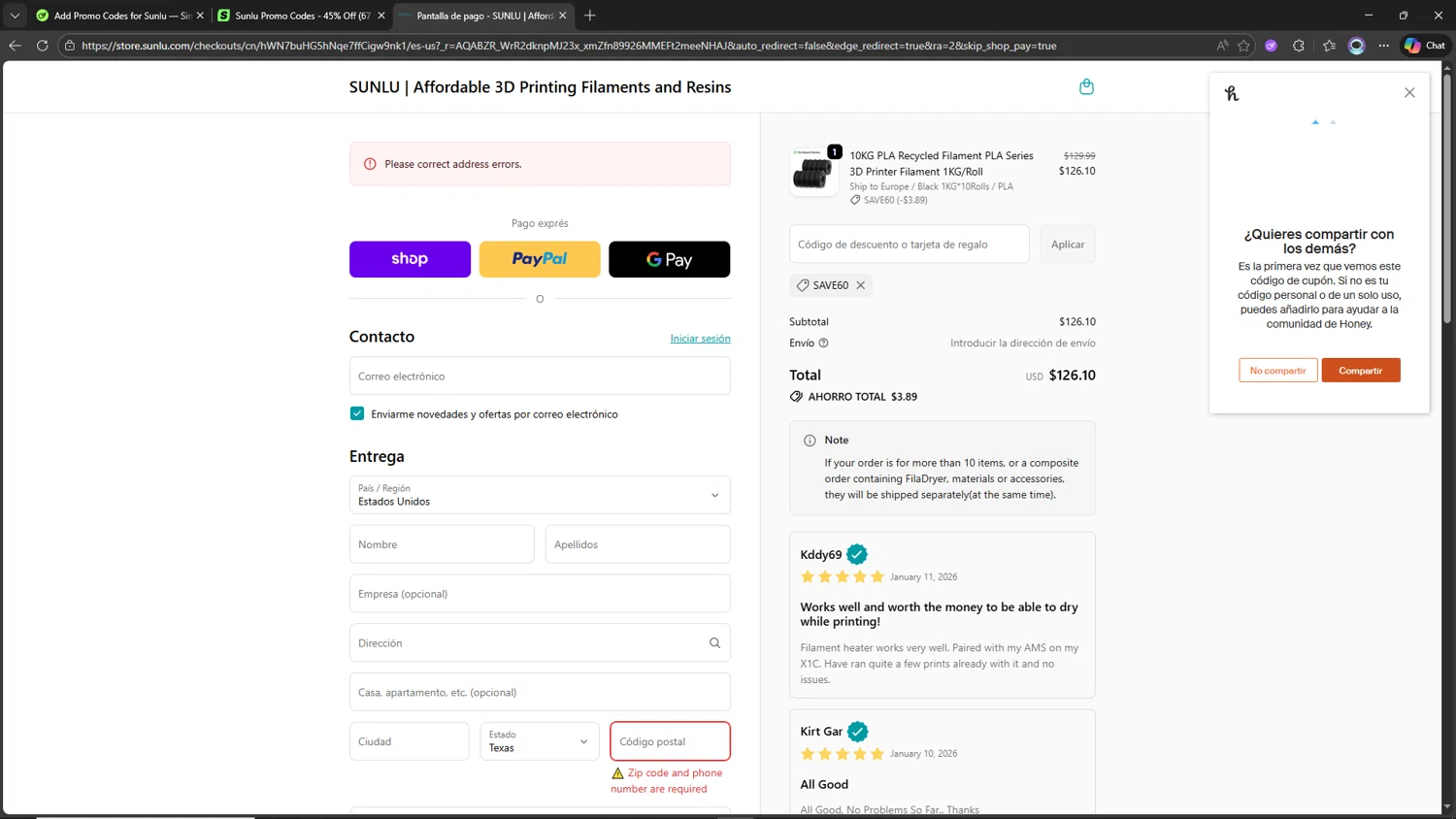 Sunlu discount code screenshot showing code Save60 applied at Sunlu checkout page. Uploaded by SimplyCodes community member CorrectorDeCupones on Jan 14, 2026
