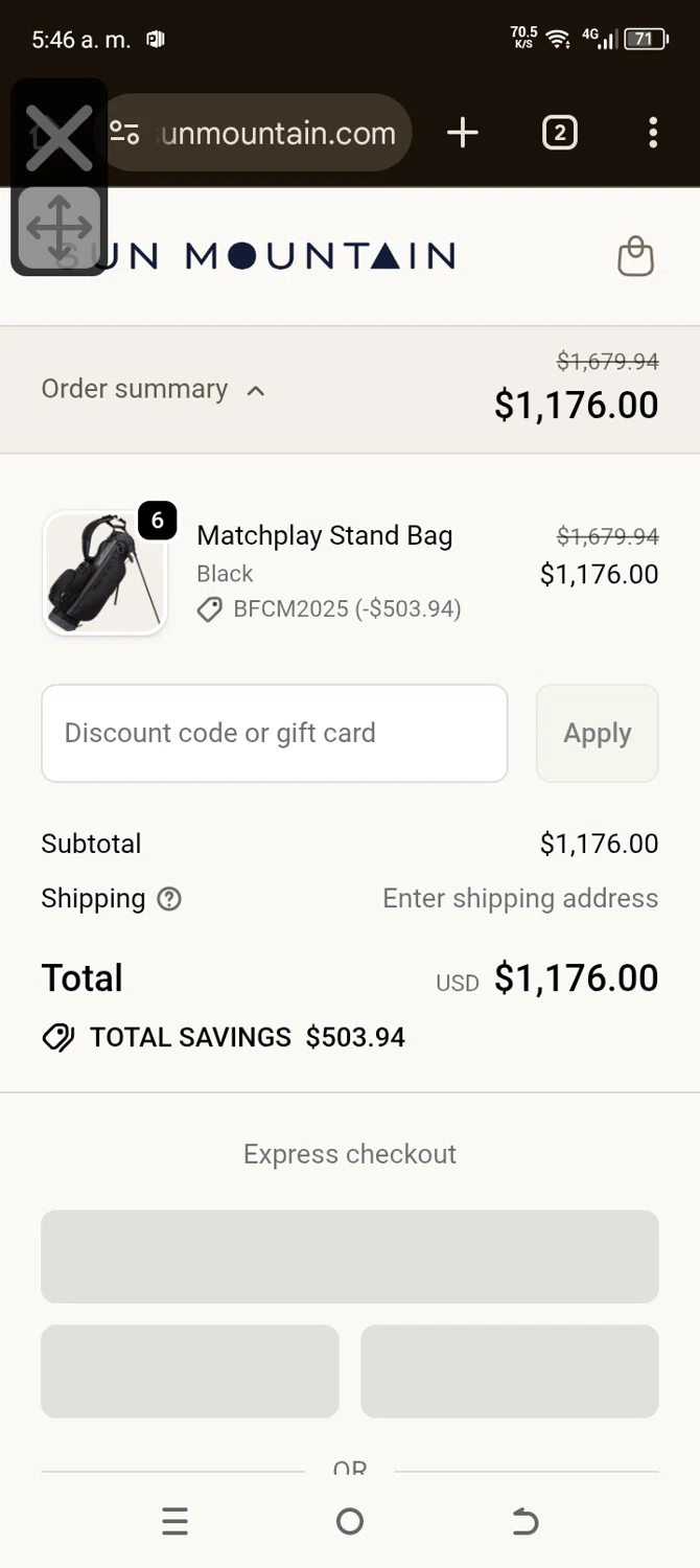 SunMountain promo code screenshot showing code BFCM2025 applied at SunMountain checkout page. Uploaded by SimplyCodes community member qlqtu_tegane on Dec 4, 2025