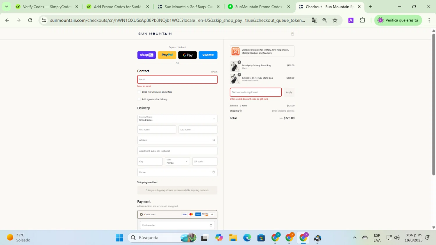 SunMountain promo code screenshot showing code RILEY25 applied at SunMountain checkout page. Uploaded by SimplyCodes community member jesusalvarez1 on Aug 18, 2025