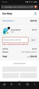 SUN NINJA coupon verification screenshot