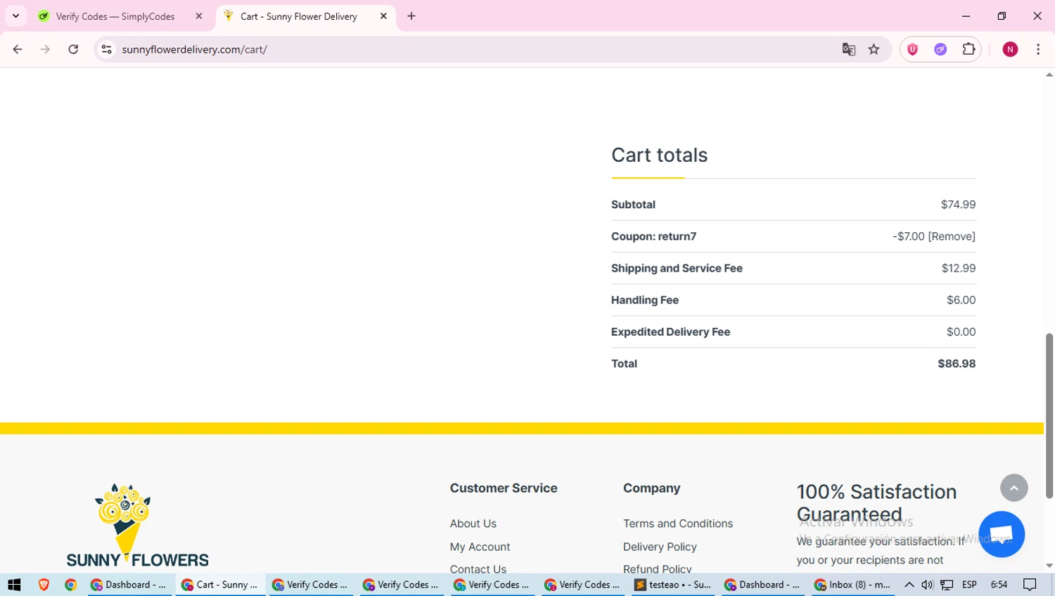 Sunny Flower Delivery promo code screenshot showing code return7 applied at Sunny Flower Delivery checkout page. Uploaded by SimplyCodes community member CoinWizard8578 on Jun 1, 2025