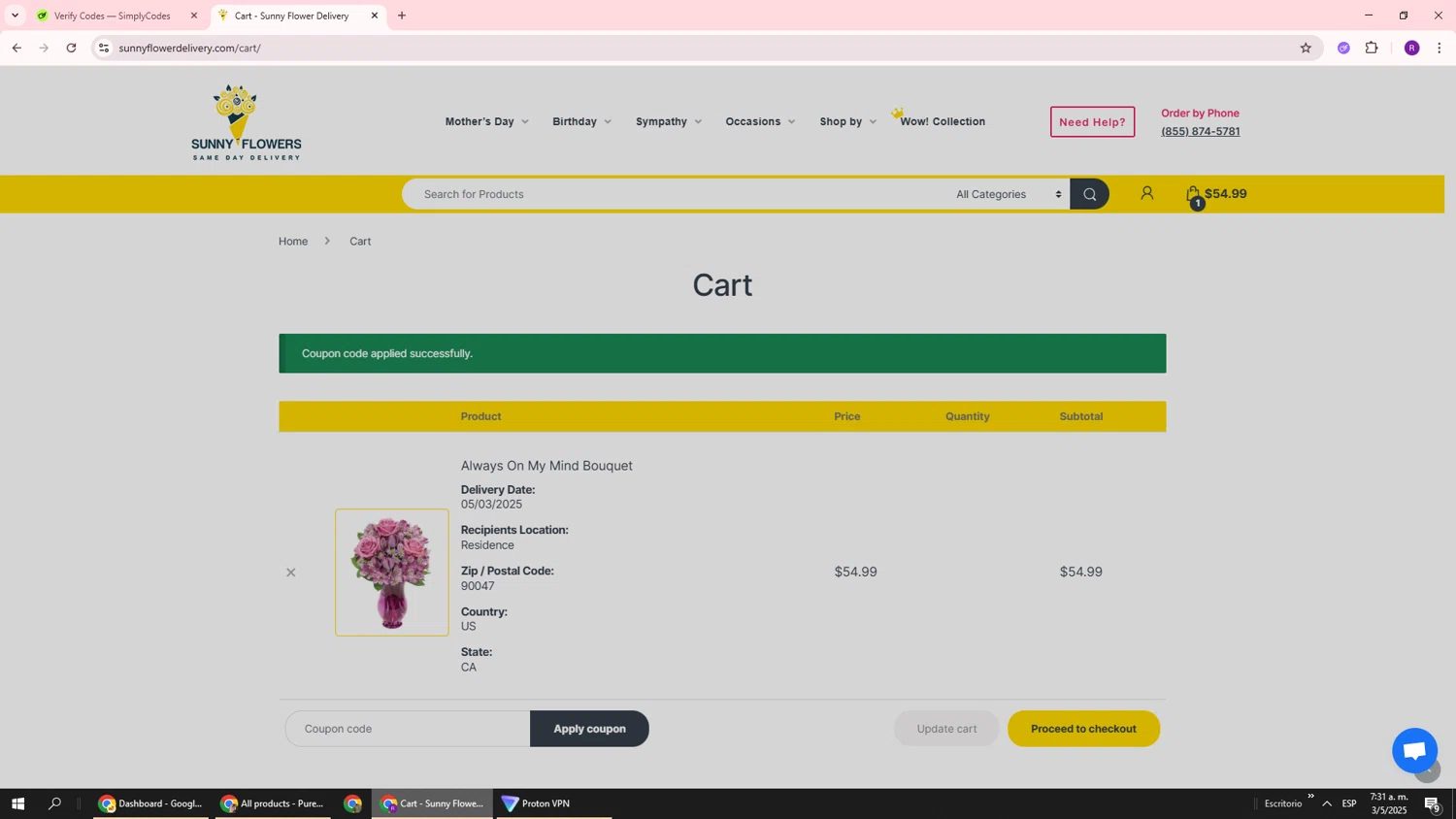 Sunny Flower Delivery promo code screenshot showing code return7 applied at Sunny Flower Delivery checkout page. Uploaded by SimplyCodes community member ukemochi on May 3, 2025
