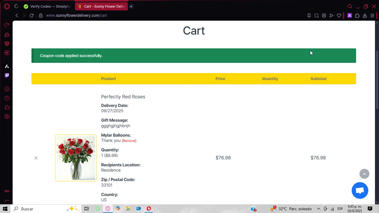Sunny Flower Delivery promo code screenshot showing code THANKS10 applied at Sunny Flower Delivery checkout page. Uploaded by SimplyCodes community member CoinPhoenix3025 on Sep 20, 2025