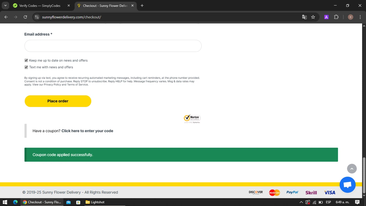 Sunny Flower Delivery promo code screenshot showing code THANKS10 applied at Sunny Flower Delivery checkout page. Uploaded by SimplyCodes community member VoucherRanger901 on Apr 4, 2025