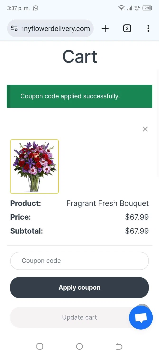 Sunny Flower Delivery checkout page showing Sunny Flower Delivery promo code box | Screenshot taken by SimplyCodes community member on Jan 1, 2026