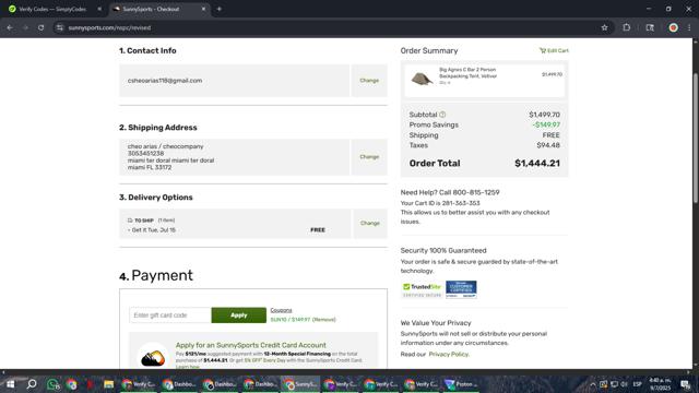 SunnySports checkout page showing SunnySports coupon code box | Screenshot taken by SimplyCodes community member on Jul 9, 2025