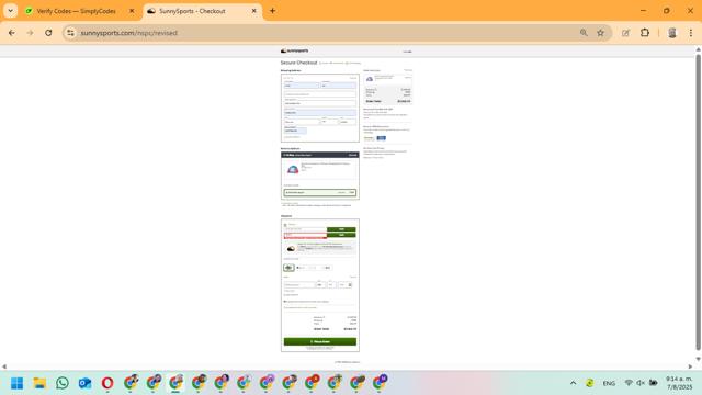 SunnySports checkout page showing SunnySports coupon code box | Screenshot taken by SimplyCodes community member on Aug 7, 2025